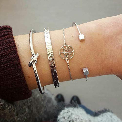 Missgrace Dainty Silver Tree Punk Open Bracelets Set for Women Girls Handmade Simple Cute Charm Chain Bracelet Adjustable Bracelet Set 4Pcs