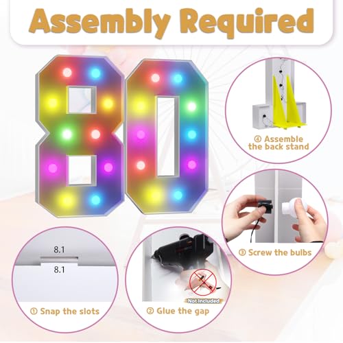 Image of Imprsv Colorful 4FT Marquee Numbers Light up Numbers 80 Birthday Decoration | RGB with Remote, Party Decorations Anniversary Wedding Decorations Assembly Required Foam Board 42 Pcs Accessory Set