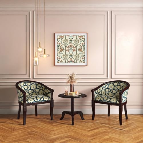 Image of Sheesham Wood Barrel Accent Chair with Floral Fabric Upholstery Mahogany Finish Handcrafted Wooden Lounge Chair with Backrest (Blue Floral)