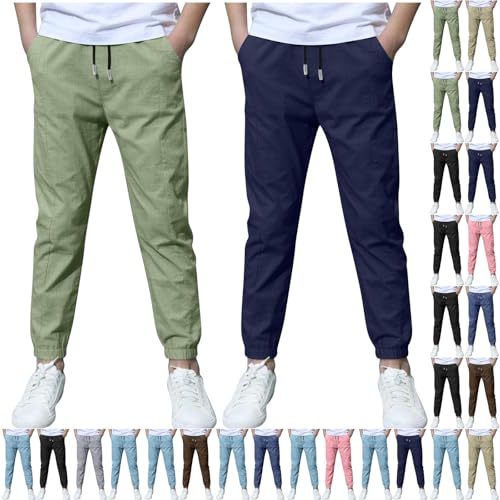 2-Pack Boys Summer Cotton Linen Pants Lightweight Thin Basic Elastic Waist Trousers with Pockets for Kids 3-13 Years2