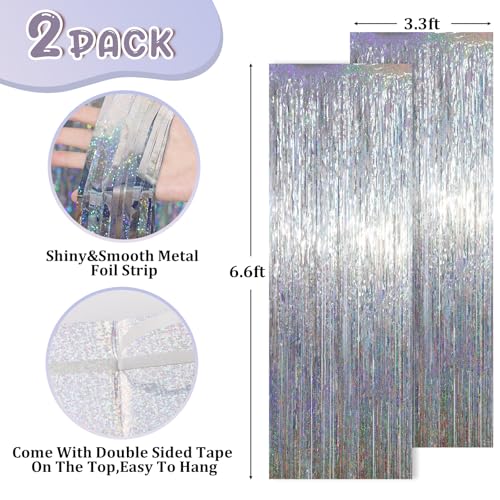 Image of Voircoloria 2 Pack Laser Silver Tinsel Foil Fringe Curtains, Silver Party Decorations, Metallic Tinsel Party Streamers Backdrop for New Years Birthday Halloween Wedding Party Decorations