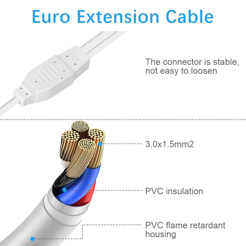 AXFEE Przedłużacz kabla zasilającego, 2 w 1, 2 m, euro, wtyczka europejska 90°, wtyczka euro, wtyczka Euro CEE 7/16, przedłużacz typu C do TV, komputera, monitora (biały)