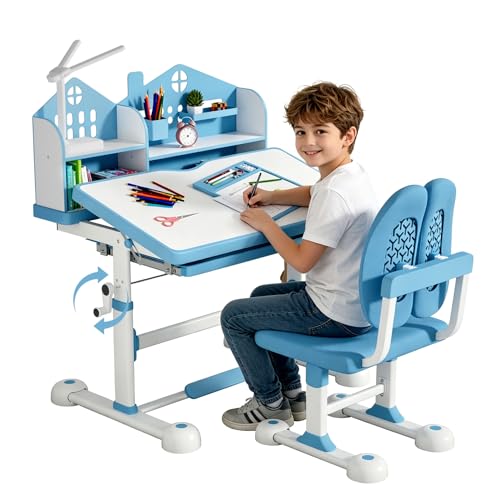 Kids Desk and Chair Set for 3-12 Years Kids Desk Height Adjustable Children Study Table - 55 Tiltable Desktop Writing Board Multi-Functional Children Desk - 3 Mode LED Lamp (Blue with Desk Lamp)