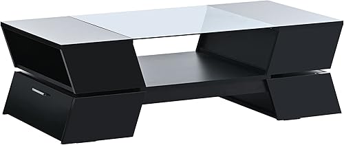 Miniatura 9 de Mesa de centro de cristal negro, mesa de centro de dos niveles con estante de almacenamiento abierto de madera y 2 gabinetes, mesa central moderna