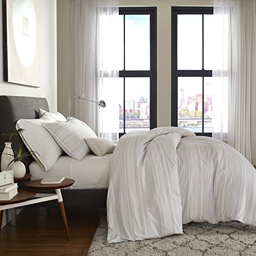 FlatIron Seersucker Duvet Cover, Queen, White/Grey/Taupe