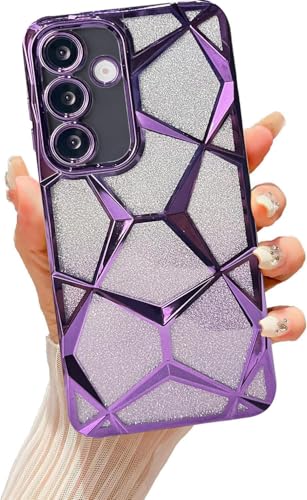 Image of VONZEE Gradient Glitter Case for Samsung M16, Luxury Electroplated 3D Cube, Diamond Bling Shiny Soft TPU Clear Shockproof Women Girls Protective Phone Cover (Deep Purple)