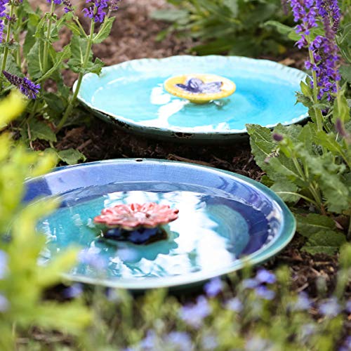 Topadorn Birdbath Ceramic Bowl Decor For Bee Bird Bath Outdoor Garden Vintage Yard,Blue With Red Flower thumb #6