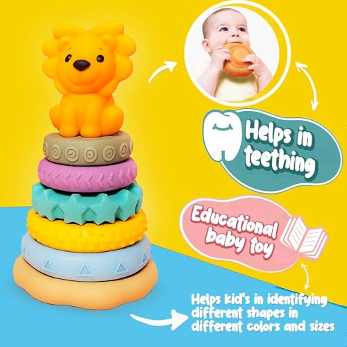 Image of ToyBharat Ring-A-Roos is a Soft, Colourful Stacker Toy with a Lion top, Designed for Babies and Toddlers. BPA-Free and chewable, it Supports Sensory Learning, and Safe Teething Fun.
