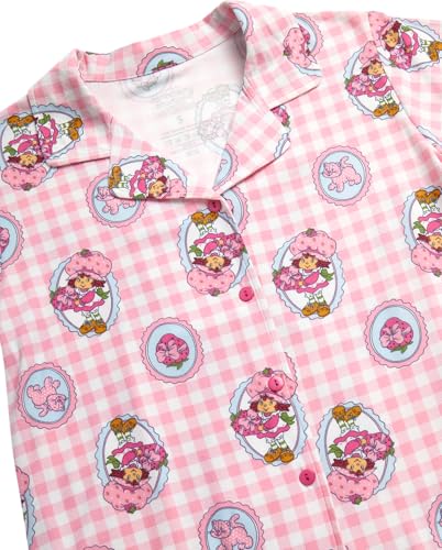 Image of COCO BRANDS Strawberry Shortcake Womens Pajama Sets - 2 Piece Soft Stretch Button Down Sleep Shirt and Pajama Pants