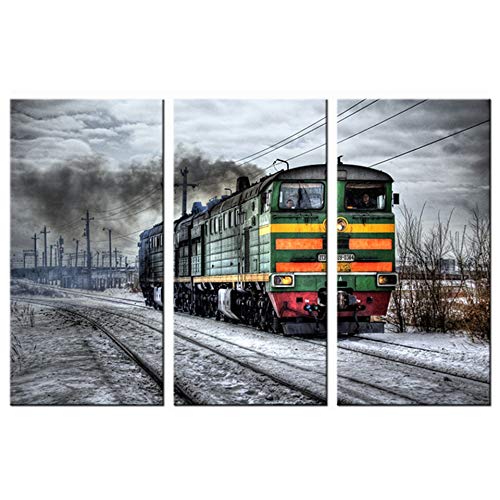 Tableau rétro train pour salon chic, triptyque de paysage imprimé moderne sur toile
