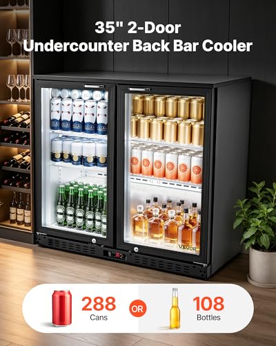 Image of VEVOR Back Bar Cooler, 7.4 Cu. Ft Commercial Beverage Refrigerator, Under Counter Bar Fridge with 2 Glass Doors, LED Lighting, Shelves, Low-E Glass Display Cooler for Beer, Soda, Wine, Drinks