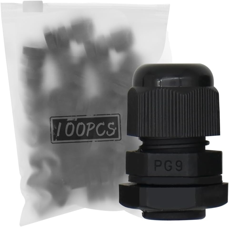 MAKERELE Cable Gland NPT 1/4" PG9 4mm-8.2mm Black Plastic cable gland tool Nylon Waterproof IP68 Wire Glands Adjustable Locknut for 4mm-8.2mm Wire(100pcs), with Gaskets ，in Bag