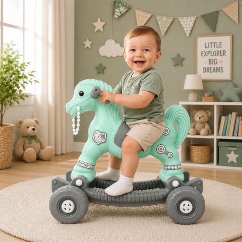 Image of AGHOR II Baby Horse Rocker Ride-On Toy for Kids c, Mint Green & Grey