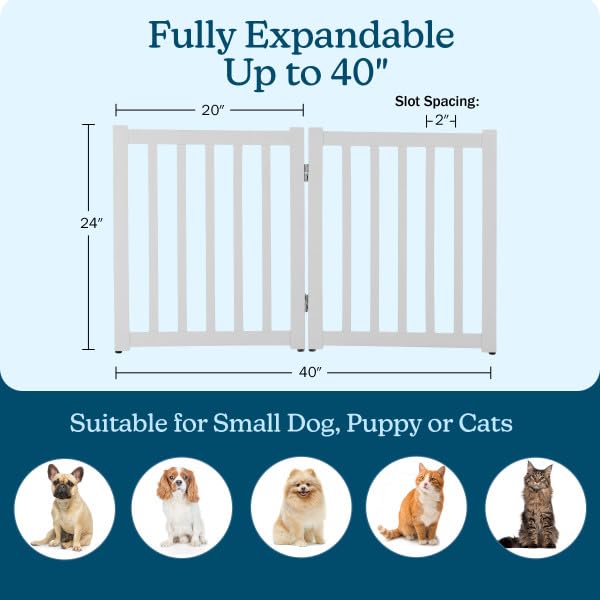 Freestanding Dog Gate - 2-Panel Foldable Indoor Pet Fence - 40x24-Inch Wood Dog Gate for Stairs, Hallways, or Doorways by PETMAKER (White)