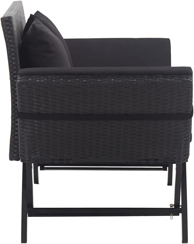 vidaXL Garden Bench with Cushions 69.3" Black Poly Rattan