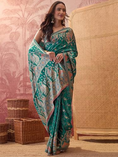 Image of Satrani Women's Crepe Foil Printed Weaving Banarasi Saree with Unstitched Blouse Piece