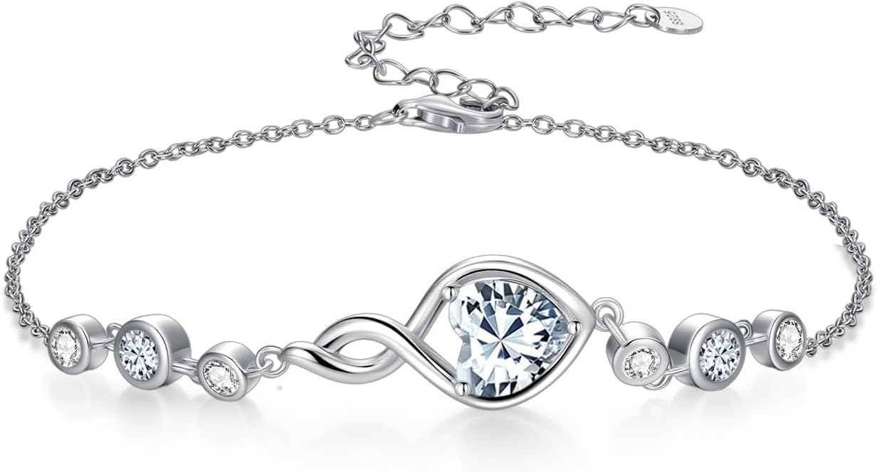 Infinity Birthstone Bracelet 925 Sterling Silver Heart Love Infinity Bracelet Fine Jewelry Anniversary Birthday Gifts for Women Girlfriend Wife Mom