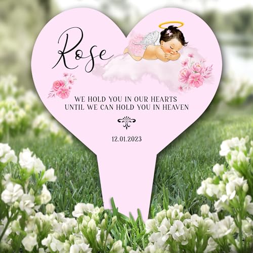 Heart Light Brown Baby Girl Pink Remembrance Garden Plaque Grave Memorial Stake |Personalised In Loving Memory Remembrance Memorial Plaque Grave Decoration Marker Garden Ground Stake