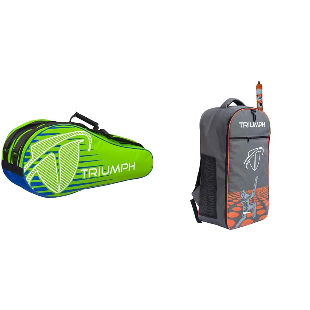Triumph Stroke Badminton Kit Bag (Lime/Royal Blue) + KB-2020 Cricket Backpack Full Padded Grey/Orange Bag Size 27X8X14-picture-11