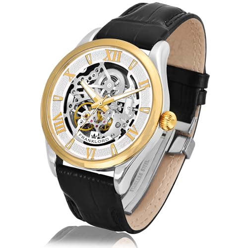 Image of Franklord Self Winder Skeleton Mechanical Automatic Watch For Men | Analog, Round Gold Dial | Black Leather Strap | Premium Luxury Wrist Watch For Men & Boys