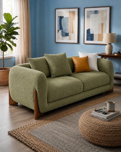 Image of Modern Sofa, Teddy Fabric, Chesterfield Style, Wooden Legs, for Living Room, Bedroom, Hallways (Olive - 2 Seater)