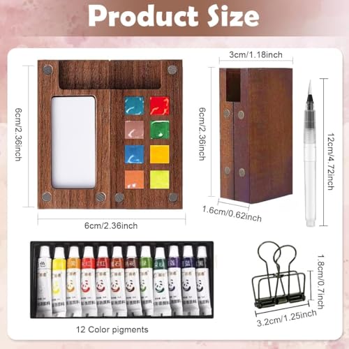 Image of Mini Wooden Watercolor Palette Travel Kit with 8 Grid Empty Paint Box 58 Sheets Sketchbook Watercolor Journal Water Brush Pen Metal Clip and 12 Color Pigment Tubes Portable Air Pocket Art Supply Set
