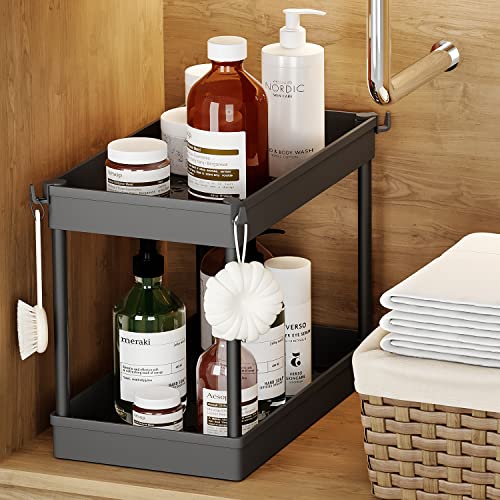 Under Sink Organizer and Storage, DUSASA 2-Tier Under Bathroom Sink Organizer Bath Collection Basket with 4 Hooks,Under Sink Shelf Organizer Rack,Multi-purpose Under Sink Storage for Bathroom