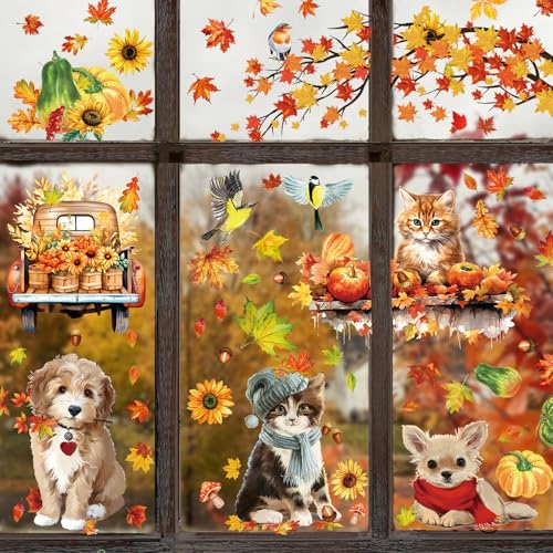 Fensterbilder Herbst Deko, 93 Stück Fensteraufkleber Herbst Selbstklebend mit Ahornblatt Kleintiere Kürbis, Wiederverwendbare DIY Fensterdeko für Erntedankfest, Halloween, Kinderzimmer, Cafe
