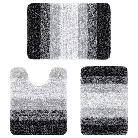 Arotive Microfiber Bathroom Rugs 3 Pieces, Bath Rugs Size 24x16 2 Pieces, and 1 Piece Contour Rug 24x20 in Black, 3 Item Bundle Cover