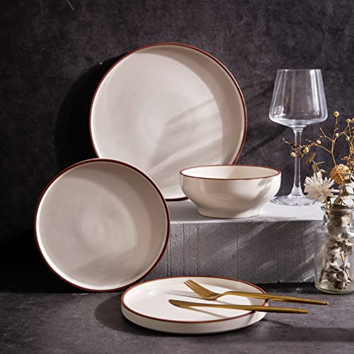 Leratio Ceramic Plates,8.0 Inch Flat Salad Plates Set Of 6,High Edge Modern Plates For Kitchen,Microwave & Dishwasher & Oven Safe, Scratch Resistant Dishes Set-Matte White With Rim #TOP6