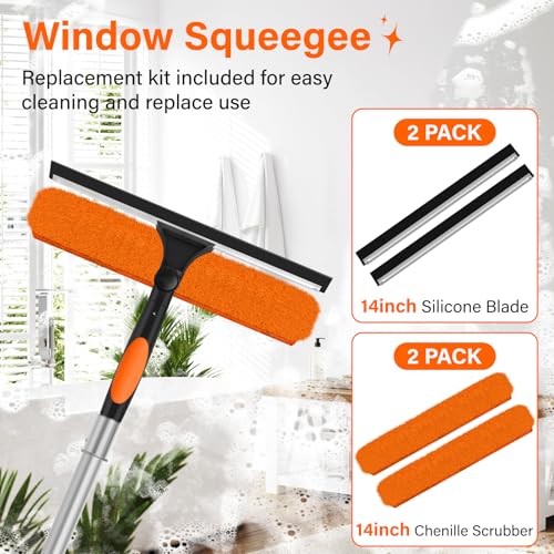Image of 14 inch Window Squeegee with Extension Pole,26FT Reach High Window Washers for High Outside Windows,Professional Window Cleaning Tool Kit Include Replacement,180Rotatable Squeegee for Indoor /Outdoor