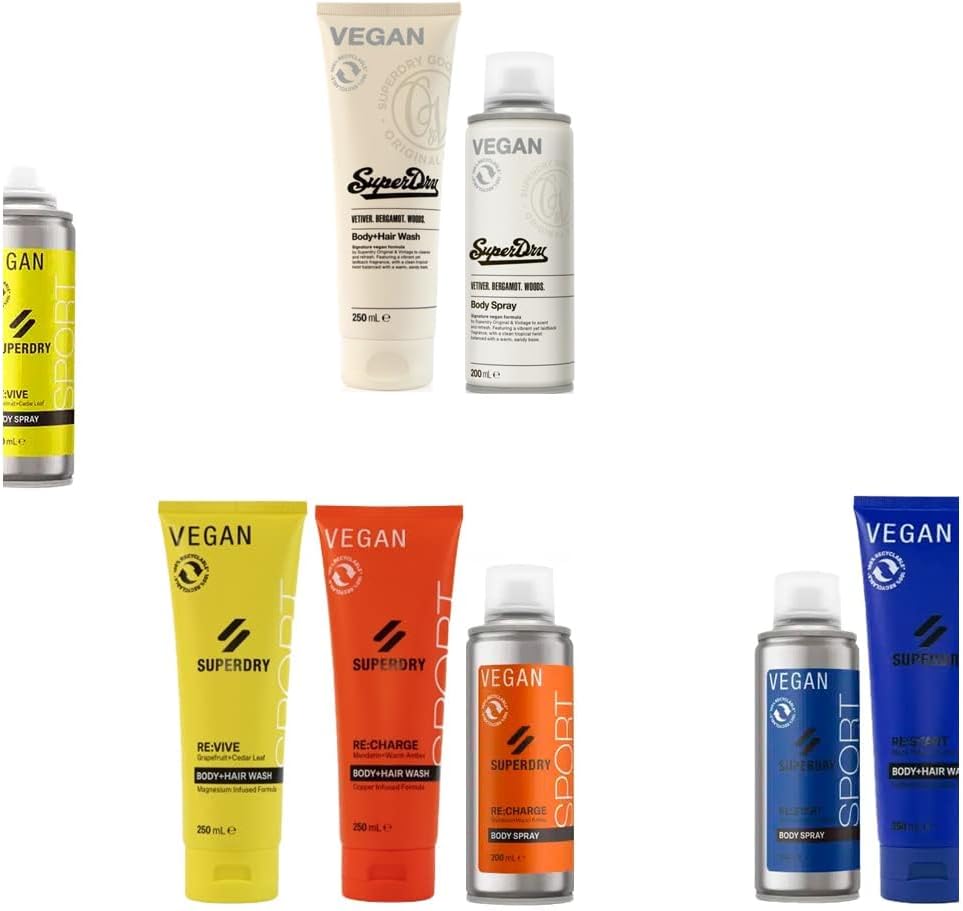 9-Piece Set: 4 x 200 ml Superdry Sport Men's Deodorant Spray Deodorant Body Spray & 4 x 250 ml 2-in-1 Shower Gel & Shampoo 2 x RE:Charge | RE:vive | RE:start + Dustbag by Studio.Munet