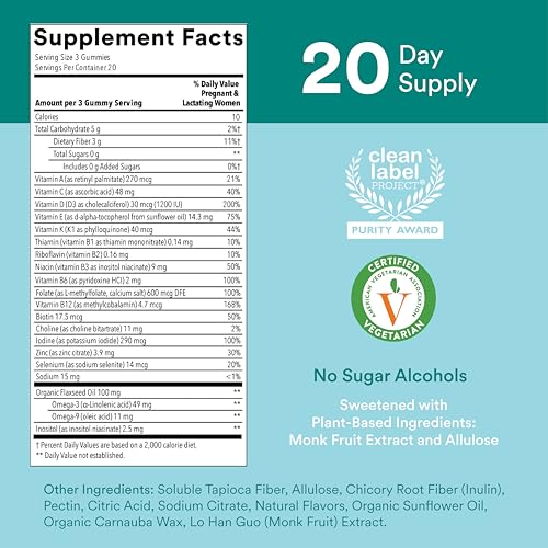 Image of SmartyPants Prenatal Vitamins for Women, Sugar Free Multivitamin Gummies: Methylfolate, Omega 3 (ALA) Vitamin D3, C, Vitamin B12, B6, A, K & Zinc, Inositol, Erythritol Free, 60 Count (20 Day Supply)