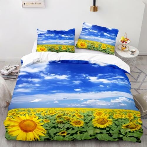 Housse de couette 240x260 bleu tournesol avec 2 taies d'oreiller 65x65 en microfibre 110g/m²