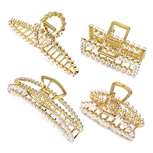 4 PCS Large Metal Pearl Hair Claw Clips,Big Hair Claw Clips for Women and Girl, Nonslip Jaw Clips and Strong Hold Matte Hair Clips