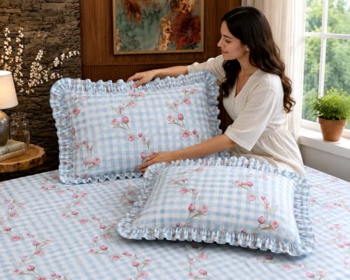 Image of Fitted Bedsheet Queen Size 300 TC Soft Cotton Feel Microfiber All Around Elastic Fitted Double Bedsheet with 2 Frill Pillow Covers | Size (60x78) Check Blue