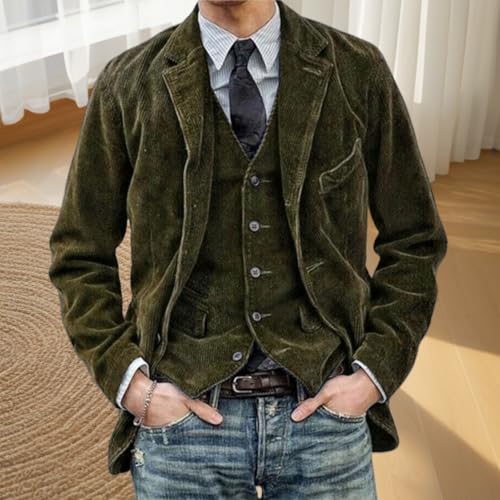Mens Casual Corduroy Sport Coats, Vintage Slim Fit One Button Notch Lapel Blazer Jackets Two Piece Suit Vest and Coat Blazer3