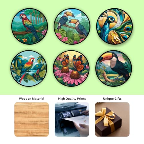 Image of Zesta Coasters for Cups Set of 6 / Wooden Coasters for Bar Accessories for Home /Tea Coaster Set of 6 / Waterproof Dining Table Decor Glass Cover (Birds, Circle)