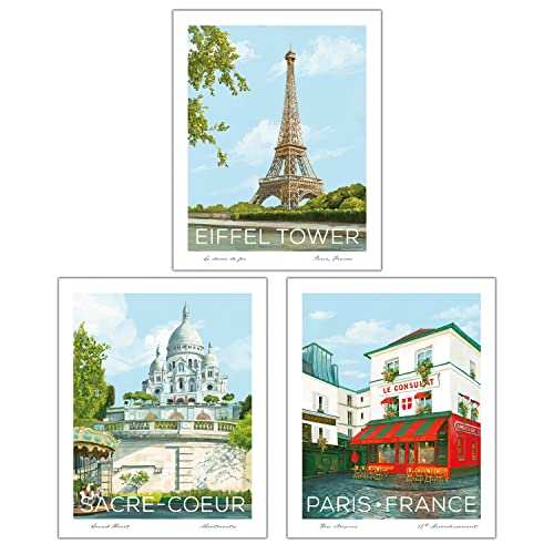 Image of 3-Piece Paris Wall Art Set - Eiffel Tower Decor, Sacre Coeur, & Paris Café Posters - Romantic French Decor for Home, Including Paris Bathroom Decor - Travel-Inspired 8x10 Unframed Prints