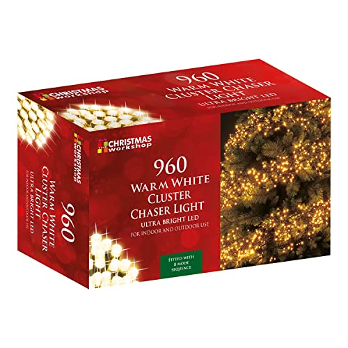 The Christmas Workshop 71820 960 Warm White LED Chaser Cluster Christmas Lights / Indoor and Outdoor Fairy Lights / 13.9 Metres Long / 8 Light Modes / Christmas, Weddings, Gardens & More