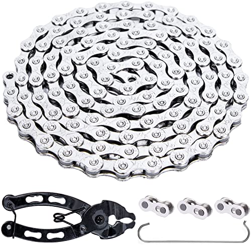 YBEKI 6/7/8/9/10/11 Speed Carbon Steel Bike Chain with Full Silver Plating, 116 Links, 3 Extra Master Links &amp; Chain Tool - Compatible with Shimano/SRAM Mountain, Road (10 Speed, Silver, 1)