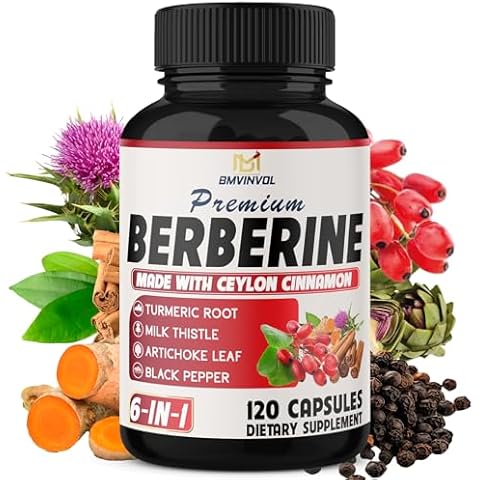 BMVINVOL 6in1 Berberine Supplement with Ceylon Cinnamon, Tumeric Root, Milk Thistle, Artichoke, Black Pepper -120 Capsules for 4 Month Supply Cover