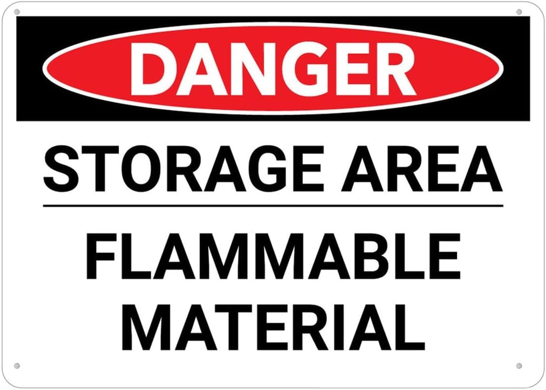 Danger Storage Area Flammable Material Rust Free Aluminum Tin Sign - Warning Decor with Pre-Drilled Holes for Indoor-Outdoor Factory Fuel Storage, Lab Flammable Zone - 8x12 Inch​