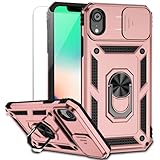 for iPhone XR Case with Camera Lens Cover HD Screen Protector, Dual Layer [15 FT Military Grade Drop Protection] Magnetic Ring Holder Kickstand Protective Phone Case for iPhone XR 6.1 inch (Rose Gold)