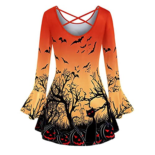Halloween Women Tunic Tops Pullover Plus Size Cross O-Neck Flare Sleeve Punpkin Cat Print T-Shirt Bottoming Blouse (Orange, XX-Large)