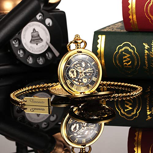 Image of TREEWETO Men's Retro Double Open Skeleton Mechanical Roman Numerals Shield Pocket Watch with Chain for Men Women