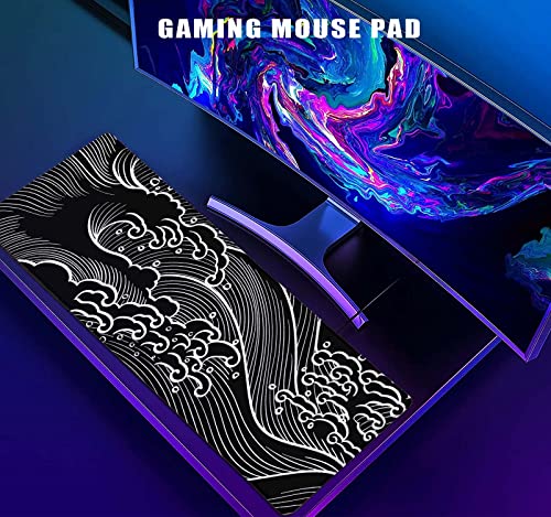 Lthaoguo Japanese Wave Black And White Gaming Mouse Pad Xl, Gamer Large Mousepad, Long Extended Mice Pad, Non-Slip Rubber Base Office Desk Pad For Men Women - 31.5 X 11.8 Inch, Abstract Art Ocean #TOP5