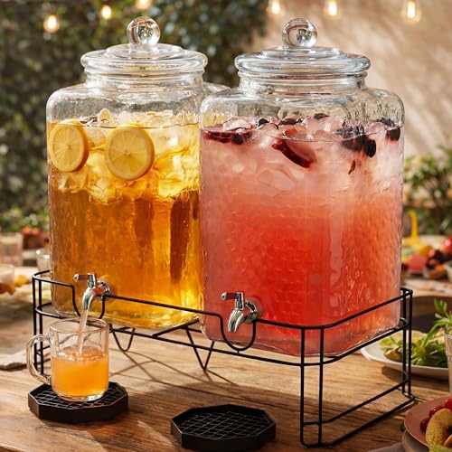 Tiangrid 2 Pack 5 Gallon Drink Dispenser for Parties Hammered Glass Beverage Dispensers with Stand Stainless Steel Spigot and Drip Trays Water Jar Jug for Lemonade Juice Party Drinks (Clear)