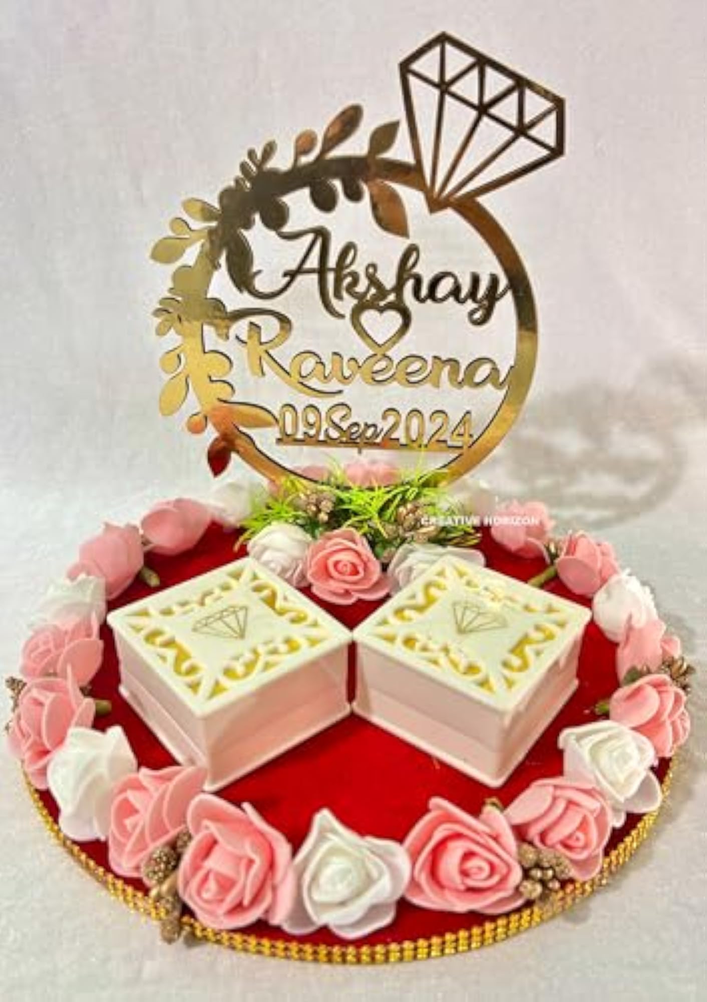 Personalized Name Multicolor Flower Design Engagement Ring Tray