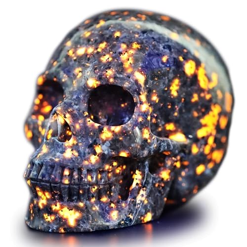 CrystalHola 1Pc Natural Yooperlite Stone Carved Skull, 2" (5cm) Yooperlite Stone Skull Sculpture Statues, UV-Reactive Quartz, Halloween Decor, Home Decor and Healing Crystal Gift